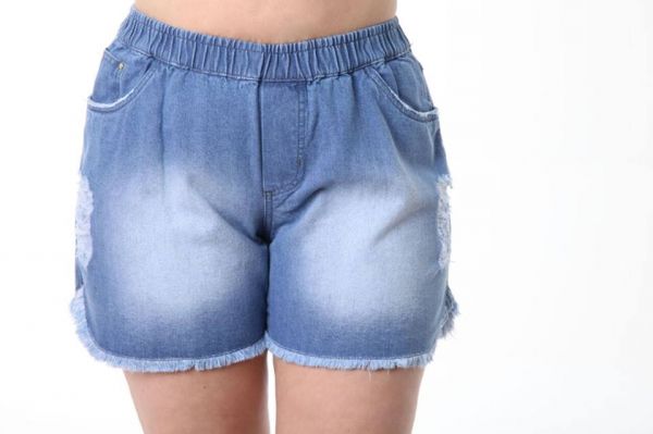 Shorts Pijama Jeans Destroyed Barra Desfiada Elástico Cintura
