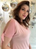 Blusa de Viscolycra Estampa Composê Poás e Listras Manga Curta com Laço/ Nó Decote V